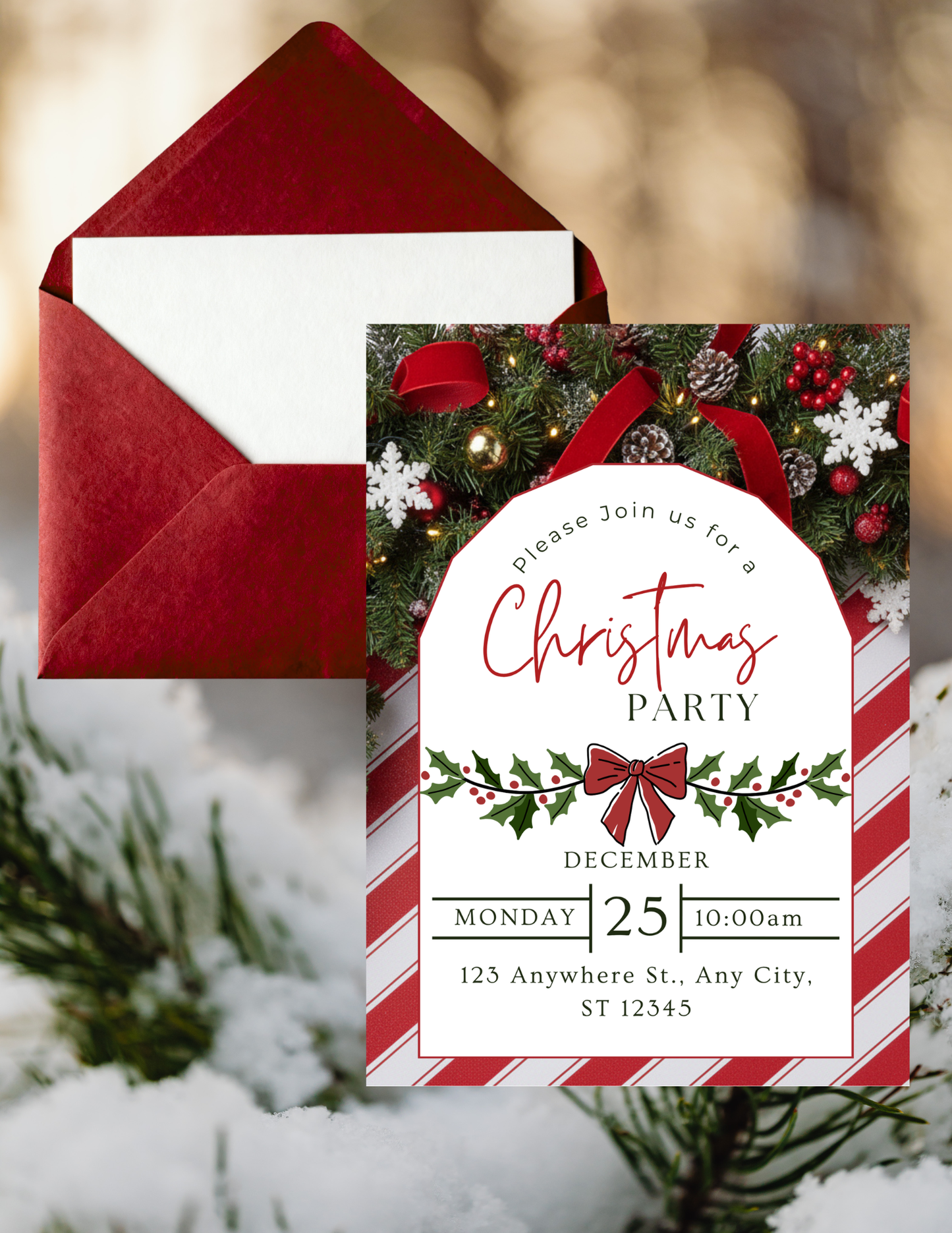 GARLAND AND STRIPES CHRISTMAS INVITE TEMPLATE *Instant Download* Editable In Canva