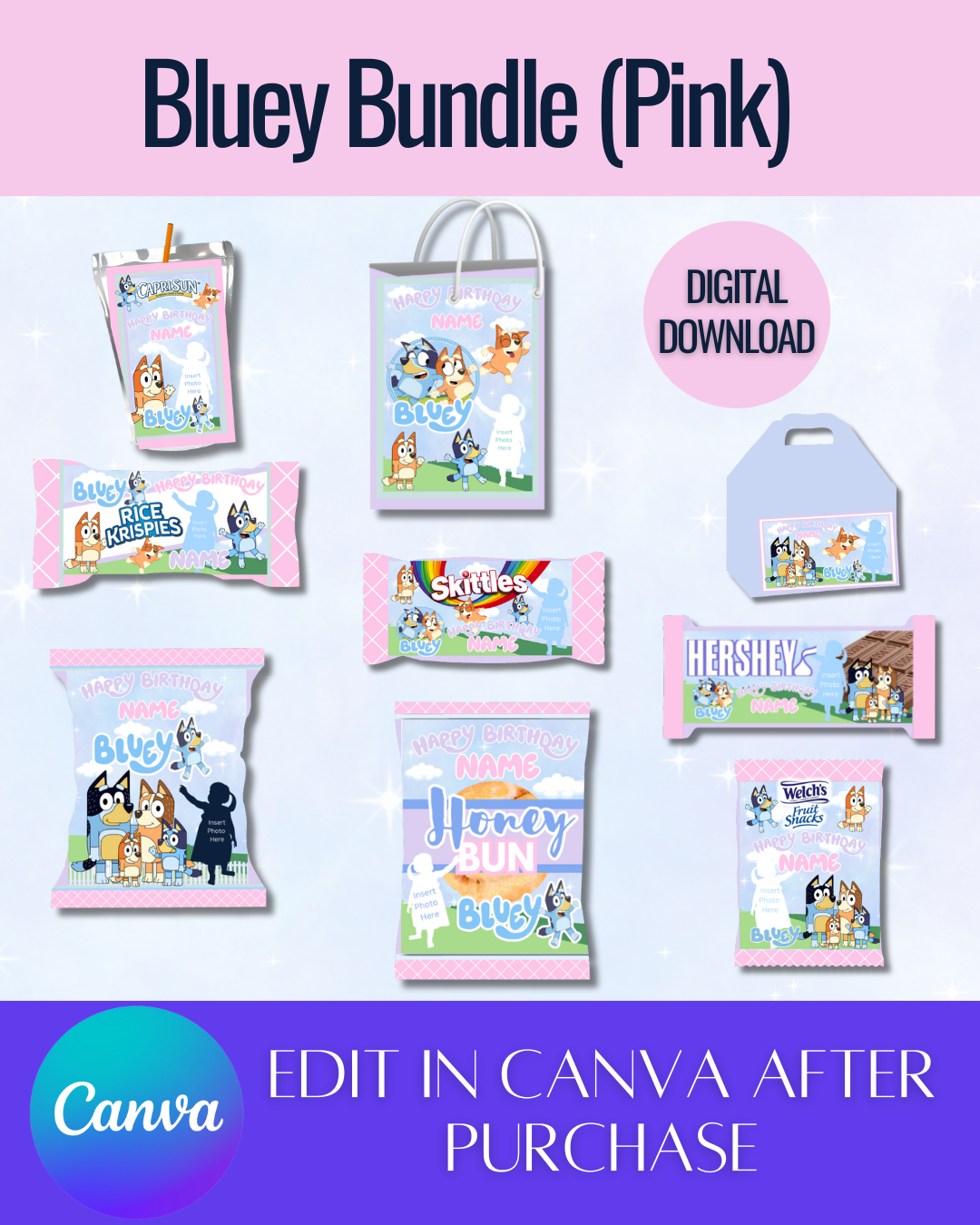 Editable Bluey Bundle (Pink) Templates *Instant Download* Editable In Canva