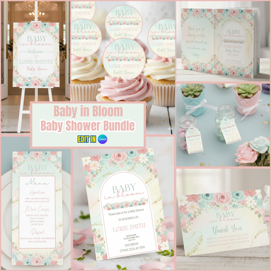 Baby in Bloom Baby Shower Bundle *Instant Download* Editable In Canva