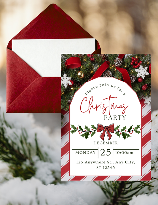GARLAND AND STRIPES CHRISTMAS INVITE TEMPLATE *Instant Download* Editable In Canva