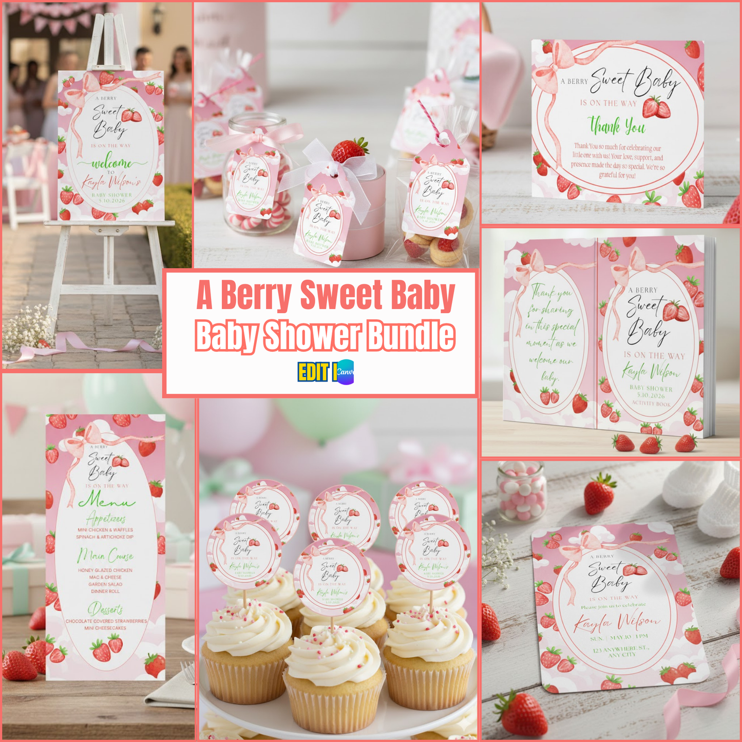 A Berry Sweet Baby Baby Shower Bundle *Instant Download* Editable In Canva