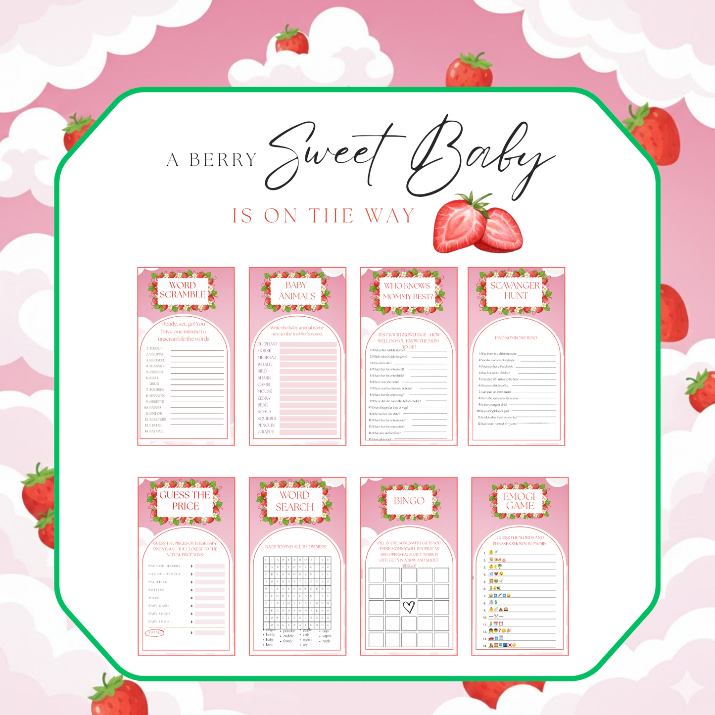 A Berry Sweet Baby Baby Shower Bundle *Instant Download* Editable In Canva