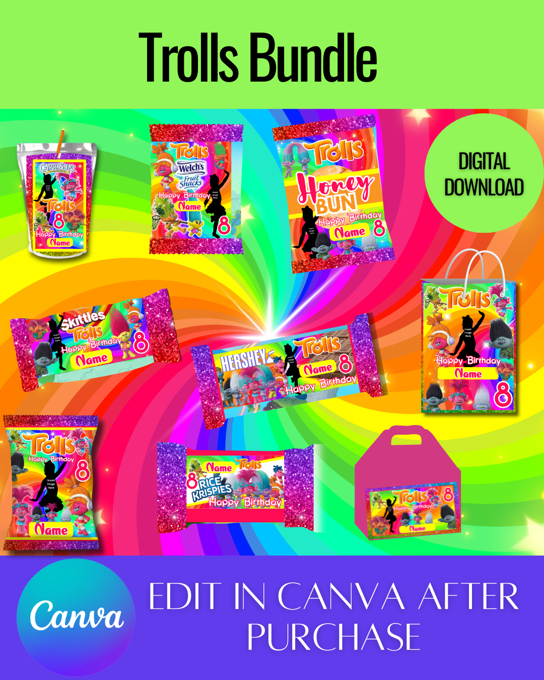 Editable Trolls Bundle Templates *Instant Download* Editable In Canva